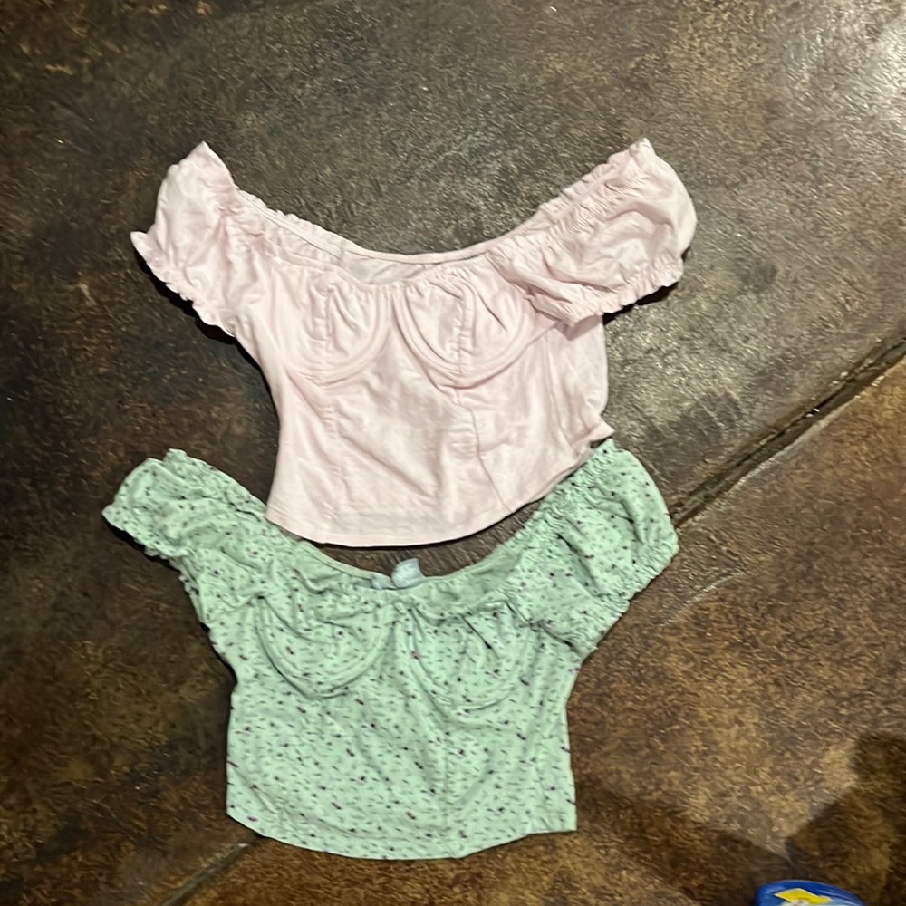 pink and green cropped cotton tops